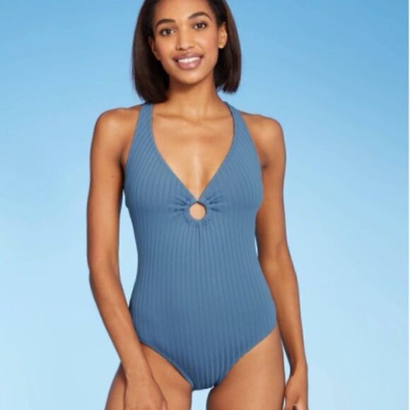 Kona Sol Blue Textured Stripe Ring Front Tie Back One Piece Bathing Suit - Picture 1 of 16